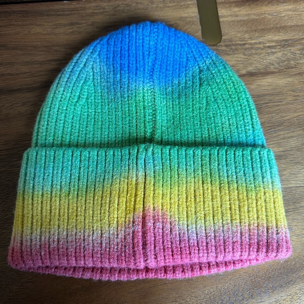 Brand New Acne Studios Pansy Rainbow Beanie - coral red/green multicolor - Picture 2 of 8